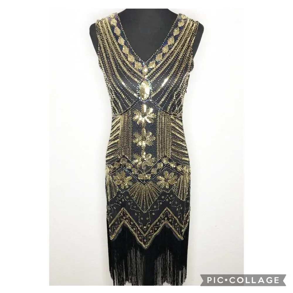 Vintage black gold sequin beaded fringe trim sleeveless midi dress size Small